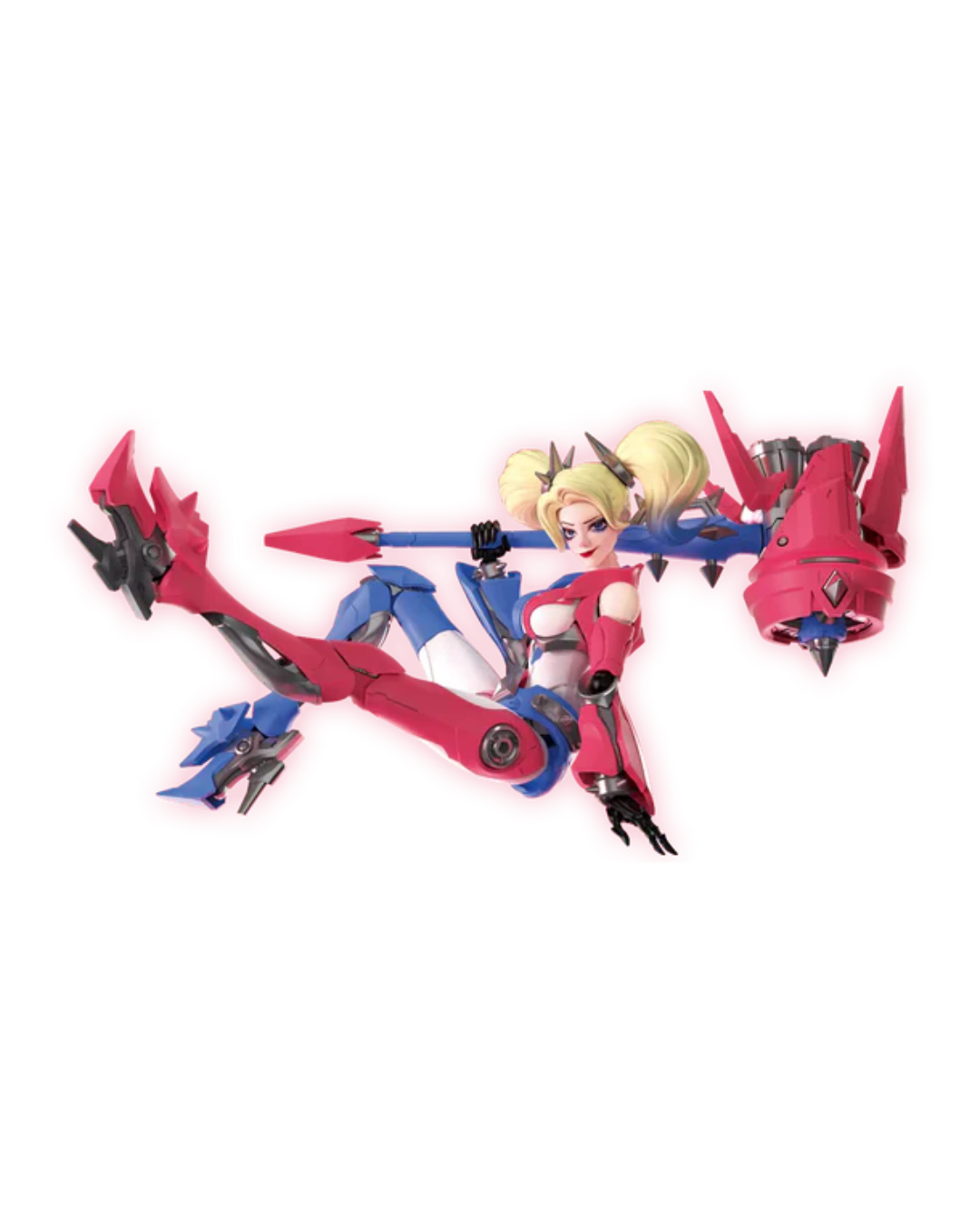A collectible action figure of Harley Quinn in a red and blue mecha suit, posed dynamically holding a large red and blue weapon against a plain white background.