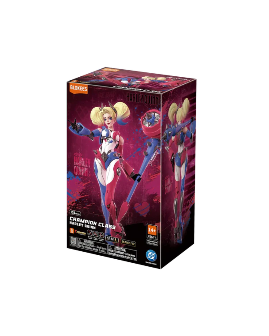 Blanks Champion Class Harley Quinn 2.5 scale collectible figure box, featuring artwork of Harley Quinn in her red and blue costume against a dark background.