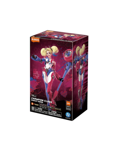 Blanks Champion Class Harley Quinn 2.5 scale collectible figure box, featuring artwork of Harley Quinn in her red and blue costume against a dark background.