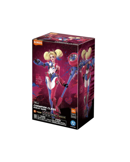 Blanks Champion Class Harley Quinn 2.5 scale collectible figure box, featuring artwork of Harley Quinn in her red and blue costume against a dark background.