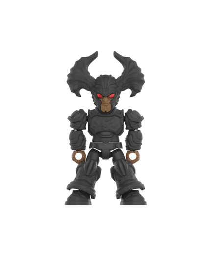 A Steppenwolf minifigure with large curved horns, glowing red eyes, and gold ring accessories on its hands, centered on a plain white background.