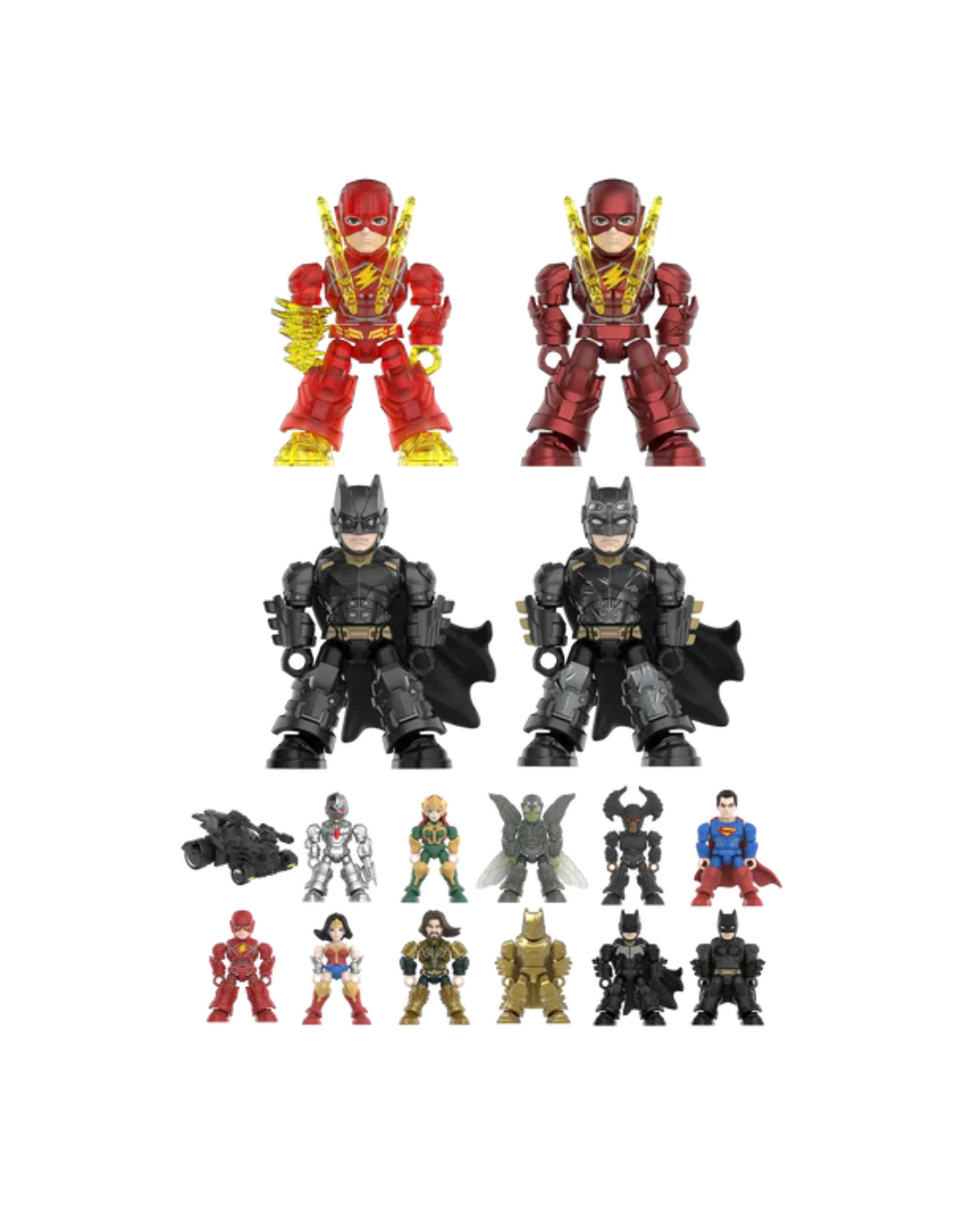 A set of DC Comics minifigures displayed on a plain white background, including The Flash, Superman, Batman, Wonder Woman, Cyborg, and other hero figures.