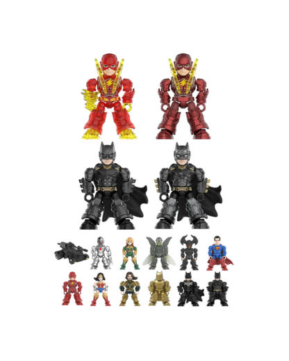 A set of DC Comics minifigures displayed on a plain white background, including The Flash, Superman, Batman, Wonder Woman, Cyborg, and other hero figures.