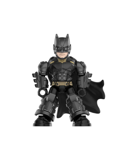 A Batman minifigure in a dark gray and black armored suit with gold accents, standing against a plain white background.
