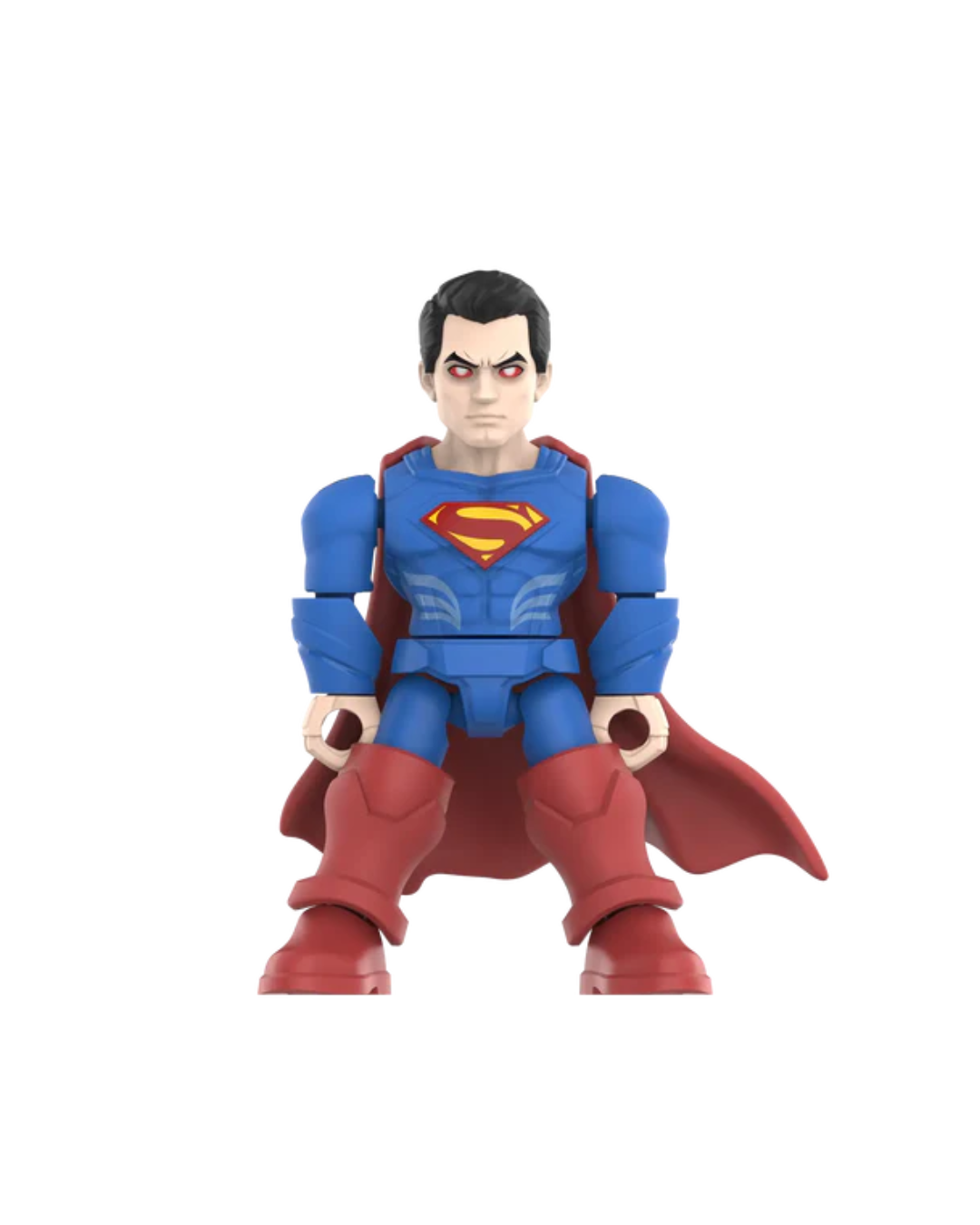 A Superman minifigure with a blue bodysuit, red cape, and red chest emblem, shown against a plain white background.