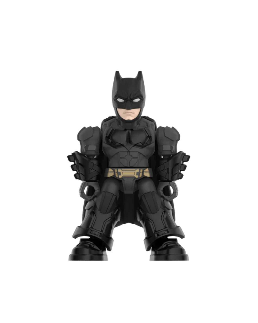 A Batman action figure or collectible character posed sitting, wearing a black armored suit with a small gold utility belt, centered on a plain white background.
