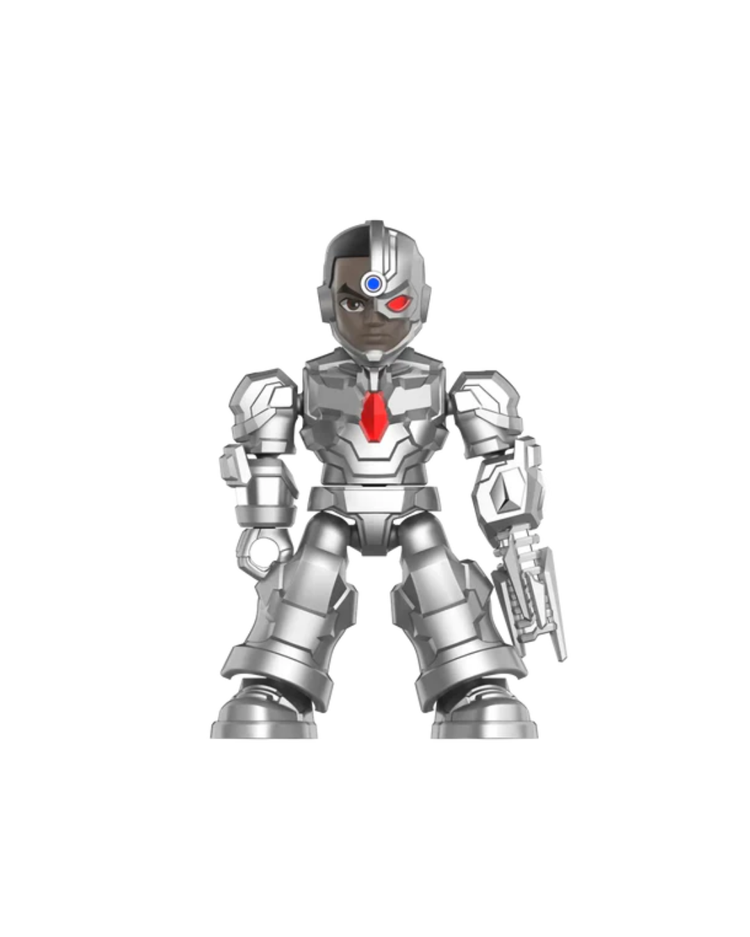 A Cyborg  minifigure with featuring a red chest emblem, a blue and red eye detail, and holding a small gray weapon, set against a plain white background.