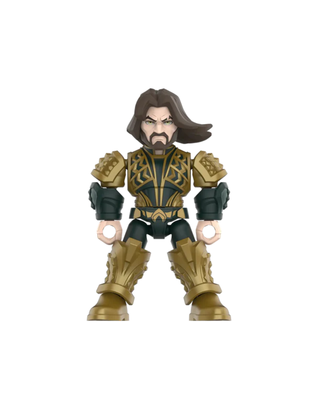 An Aquaman minifigure centered on a plain white background. The figure has long brown hair, a beard, dark green and black clothing, and ornate gold armor with gold boots and shoulder guards.
