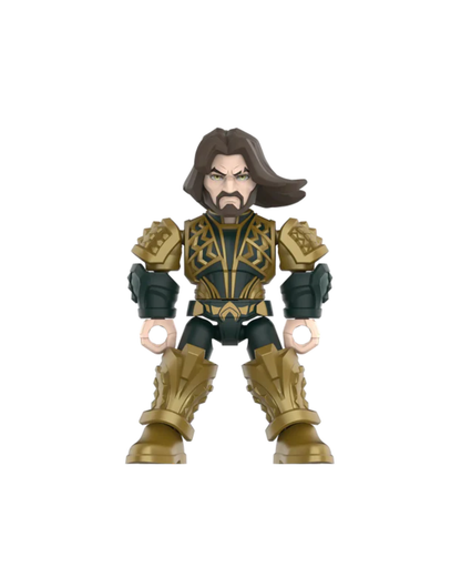 An Aquaman minifigure centered on a plain white background. The figure has long brown hair, a beard, dark green and black clothing, and ornate gold armor with gold boots and shoulder guards.