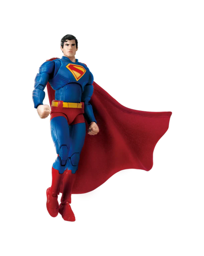 Superman action figure in a flying pose with a red cape, blue suit, and red and yellow chest emblem, isolated on a white background.