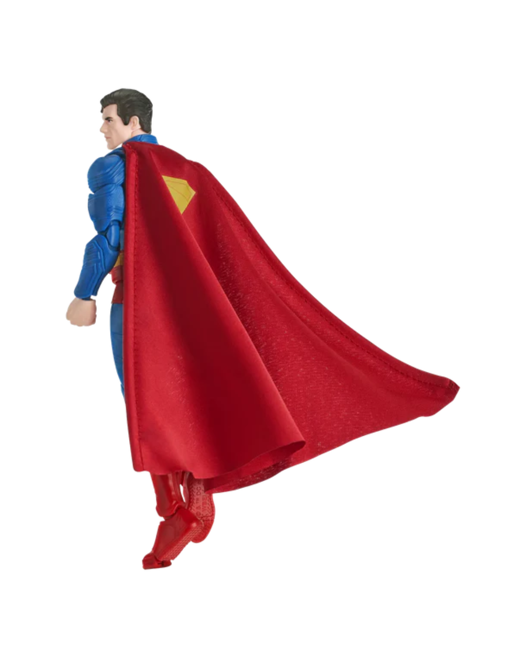 Superman action figure shown from the back wearing a blue suit with a large red cape and yellow chest emblem, isolated on a white background.