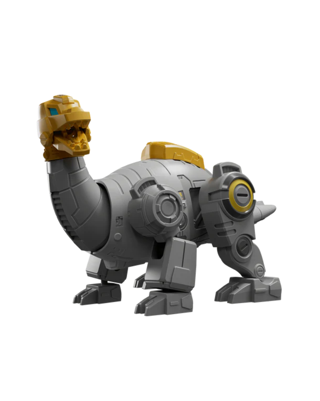 A transformers dinosaur in gray and gold, shown from the side against a plain white background.