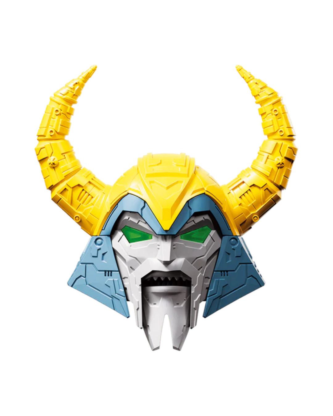 A transformers helmet with a bright yellow upper section and curved horns, blue side panels, a silver-gray face area, and green eye details, isolated on a white background.