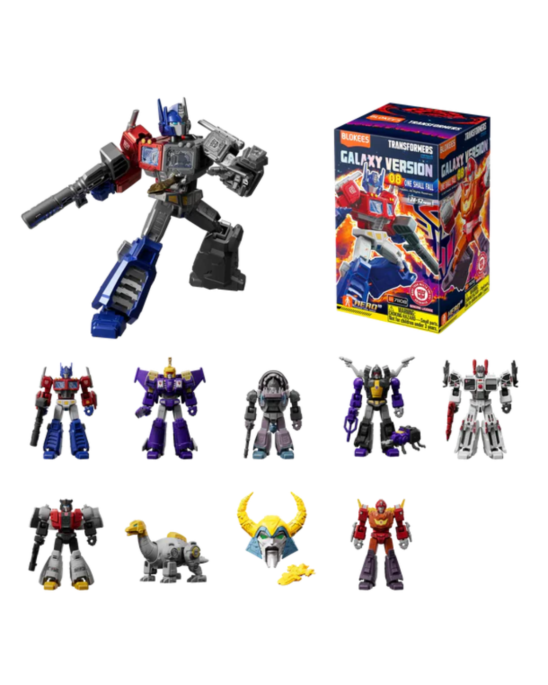 Transformers Galaxy Wars blind box toy set featuring a large Optimus Prime figure, the retail box, and eight smaller galaxy-themed robot and vehicle figures arranged below on a white background.