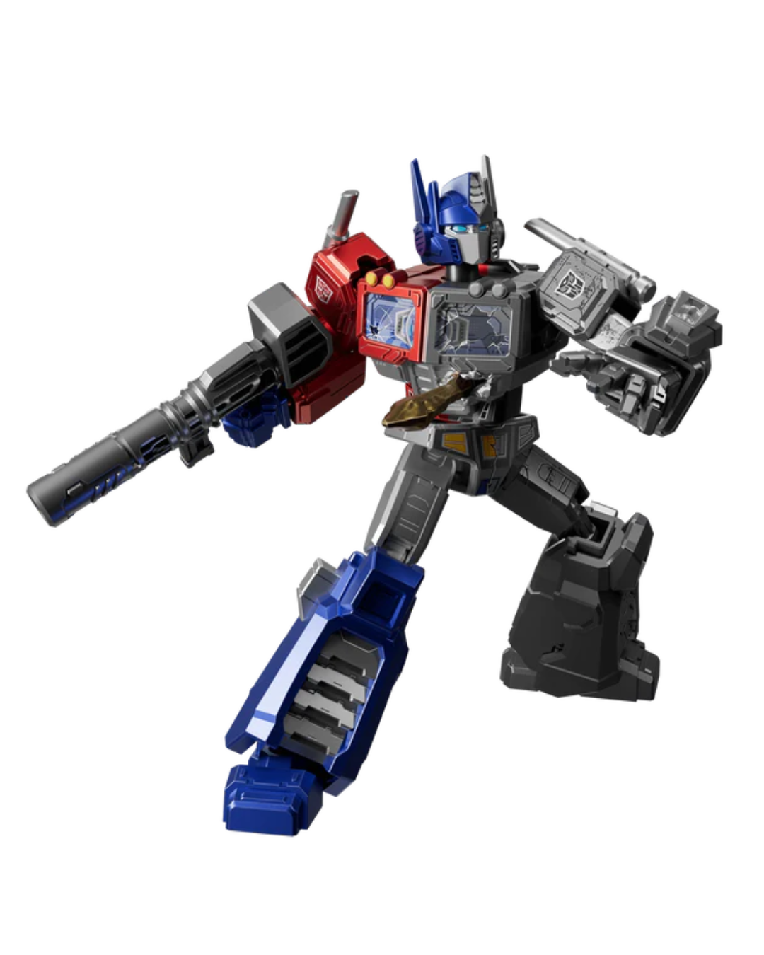 Transformers Optimus Prime action figure with a red, blue, and gray color scheme, holding a large gun barrel, isolated on a white background.