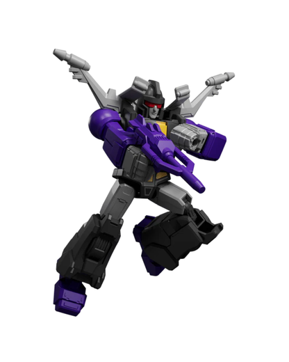 A purple and gray toy transformers action figure with black legs and silver arms holding guns, isolated on a white background.