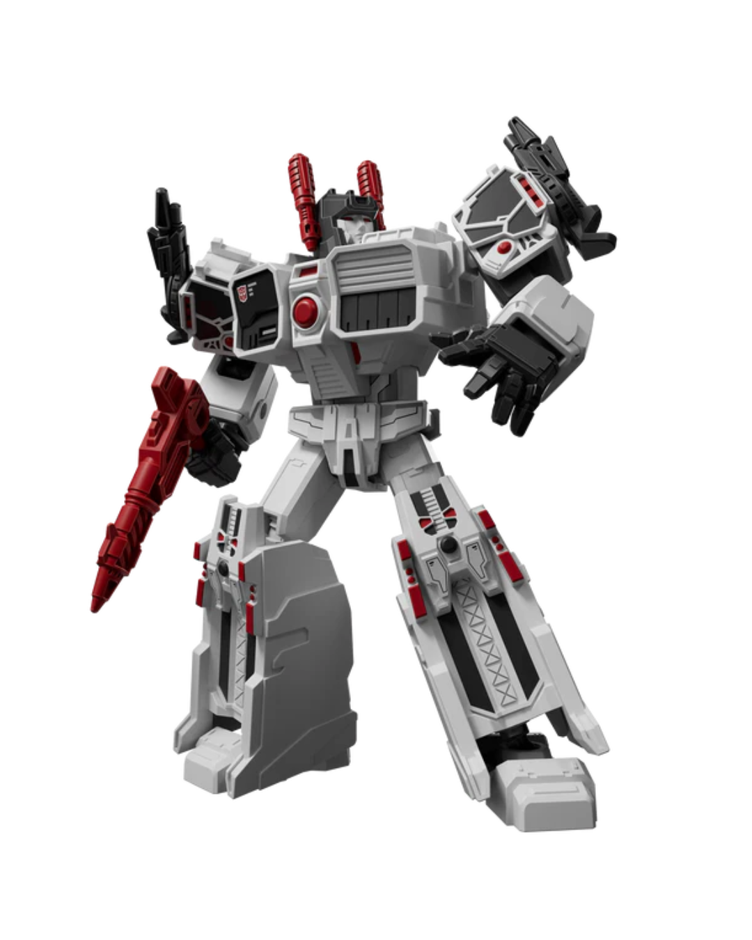 A Transformers action figure in gray, black, and red, posed with weapons on a plain white background.