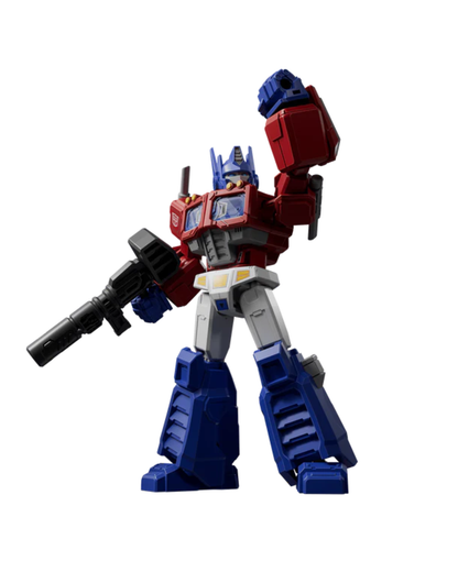 A small Optimus Prime toy figure in red, blue, and gray, holding a black rifle, isolated on a white background.