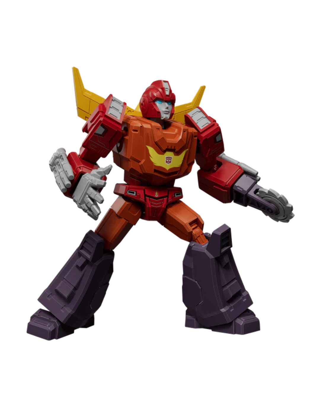 Transformers action figure of Ironhide in a battle stance, featuring a red and orange body with yellow accents, gray hands, and dark purple boots, isolated on a white background.