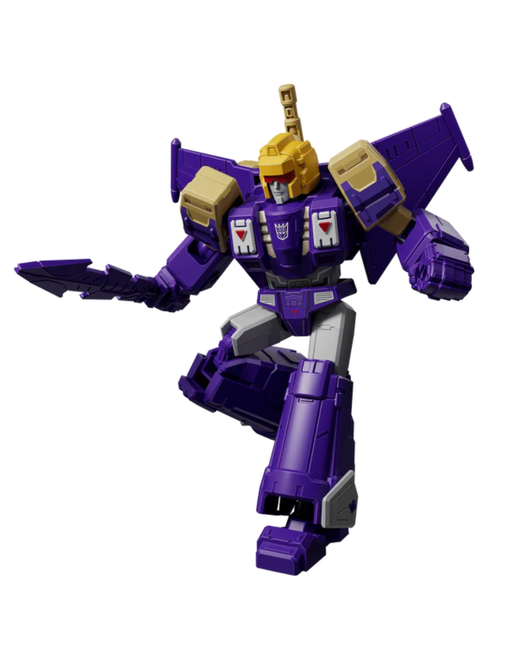 A purple and gold transformers action figure with silver-gray limbs, posed dynamically against a plain white background.