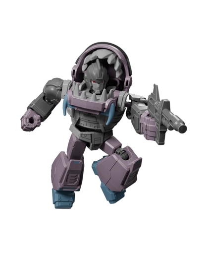 A transformers action figure with a dark gray body, purple chest and leg armor, and blue accents on the feet and shoulders, holding a gun in one hand, isolated on a white background.