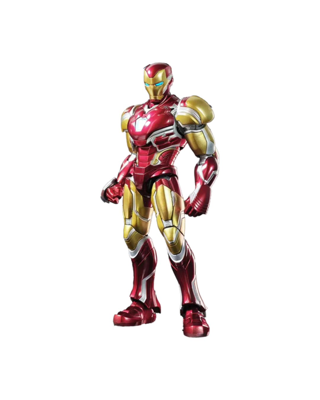 Iron Man action figure in a metallic red and gold armor suit, standing in a dynamic pose against a plain white background.