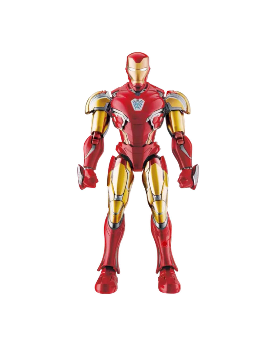 Iron Man action figure in red and gold armor standing against a plain white background.