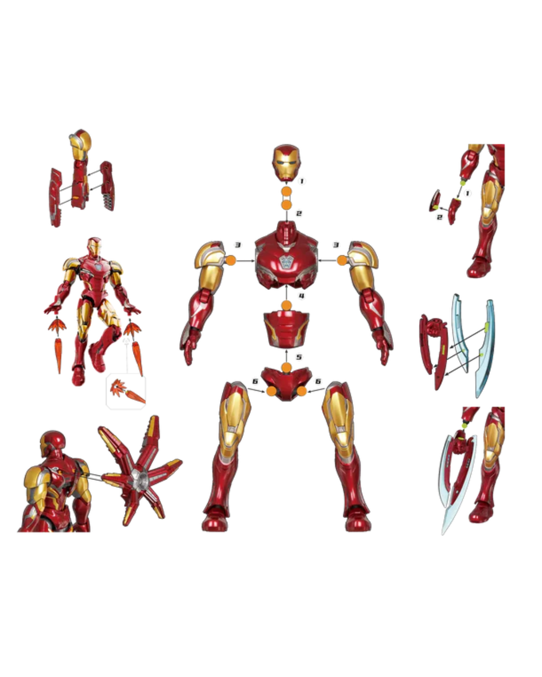 Iron Man action figure shown assembled in the center, with multiple detachable parts and accessories arranged around it on a plain white background.
