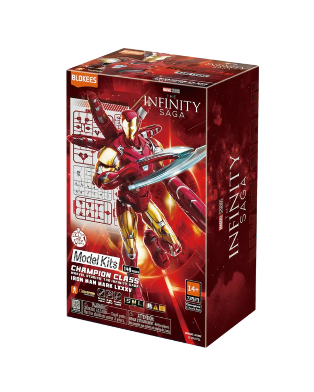 Marvel Infinity Saga Model Kits Champion Class 01: Iron Man box set by Blokees, featuring a red and gold Iron Man figure on the front of the packaging.