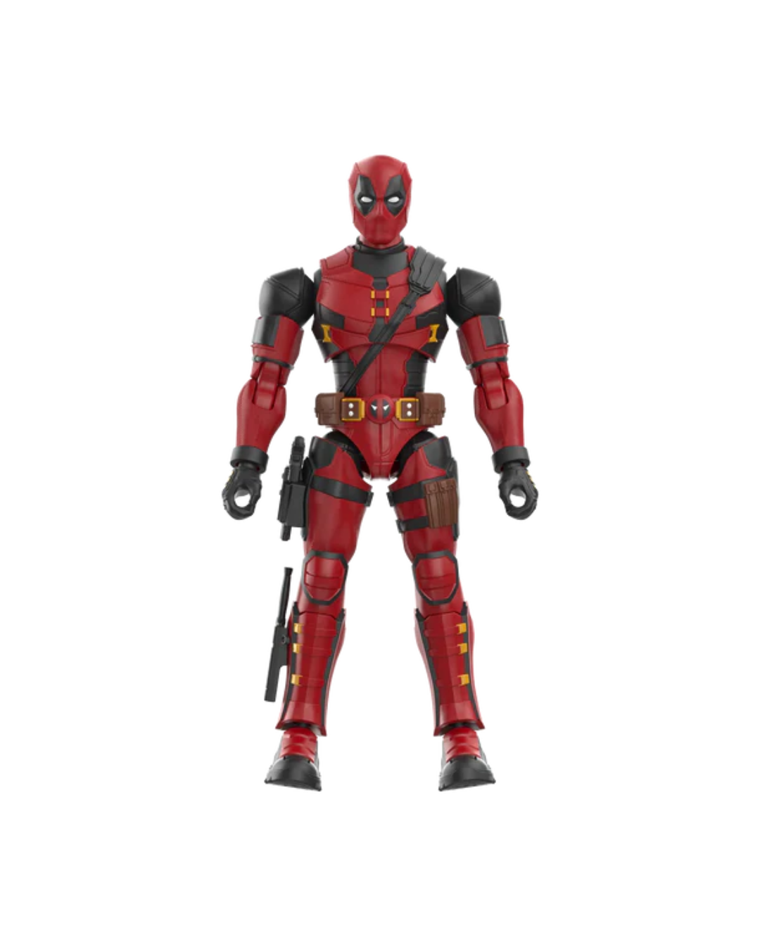 Deadpool action figure in a red and black suit with yellow accents, standing against a plain white background.