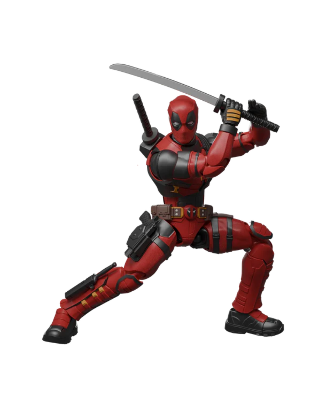 Deadpool action figure in a dynamic crouching pose, holding a katana sword over his shoulder and a smaller sword in his hand, wearing a red and black suit with gold accents on a plain white background.