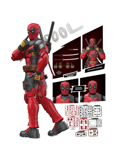 Deadpool action figure with accessories and interchangeable heads, shown on a white background with product details and small assembly-style panels.