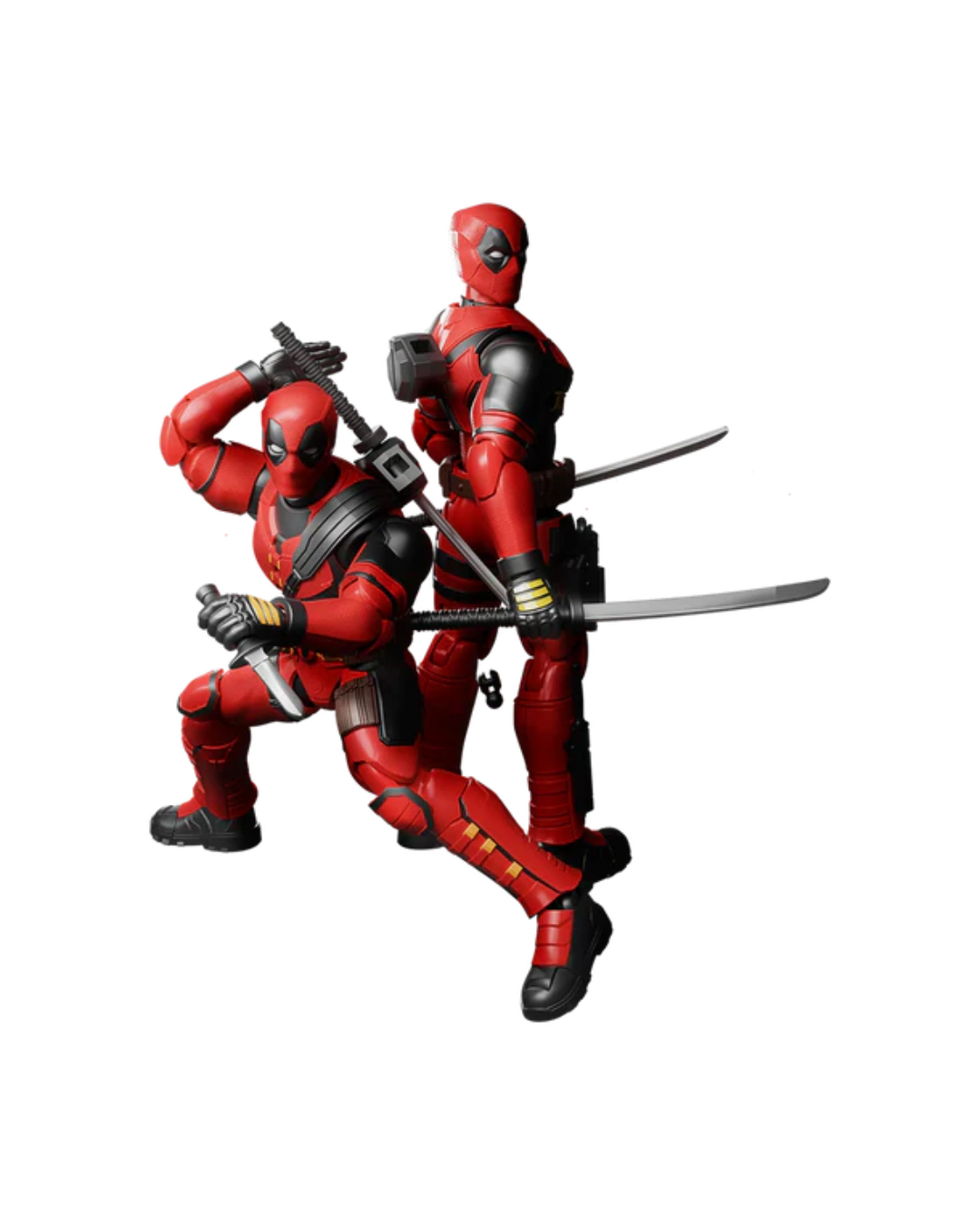 Two Deadpool action figures posed together against a plain white background, one crouching with a weapon and the other standing with a sword.