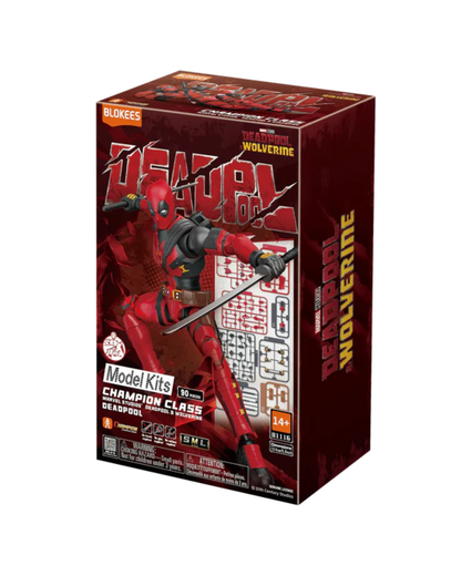 Blokes Deadpool Wolverine Model Kits Champion Class figure kit box, featuring artwork of Deadpool and Wolverine on a dark red background.