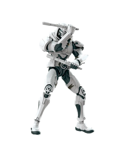 Moon Knight action figure posed dynamically with two blasters, isolated on a plain white background.
