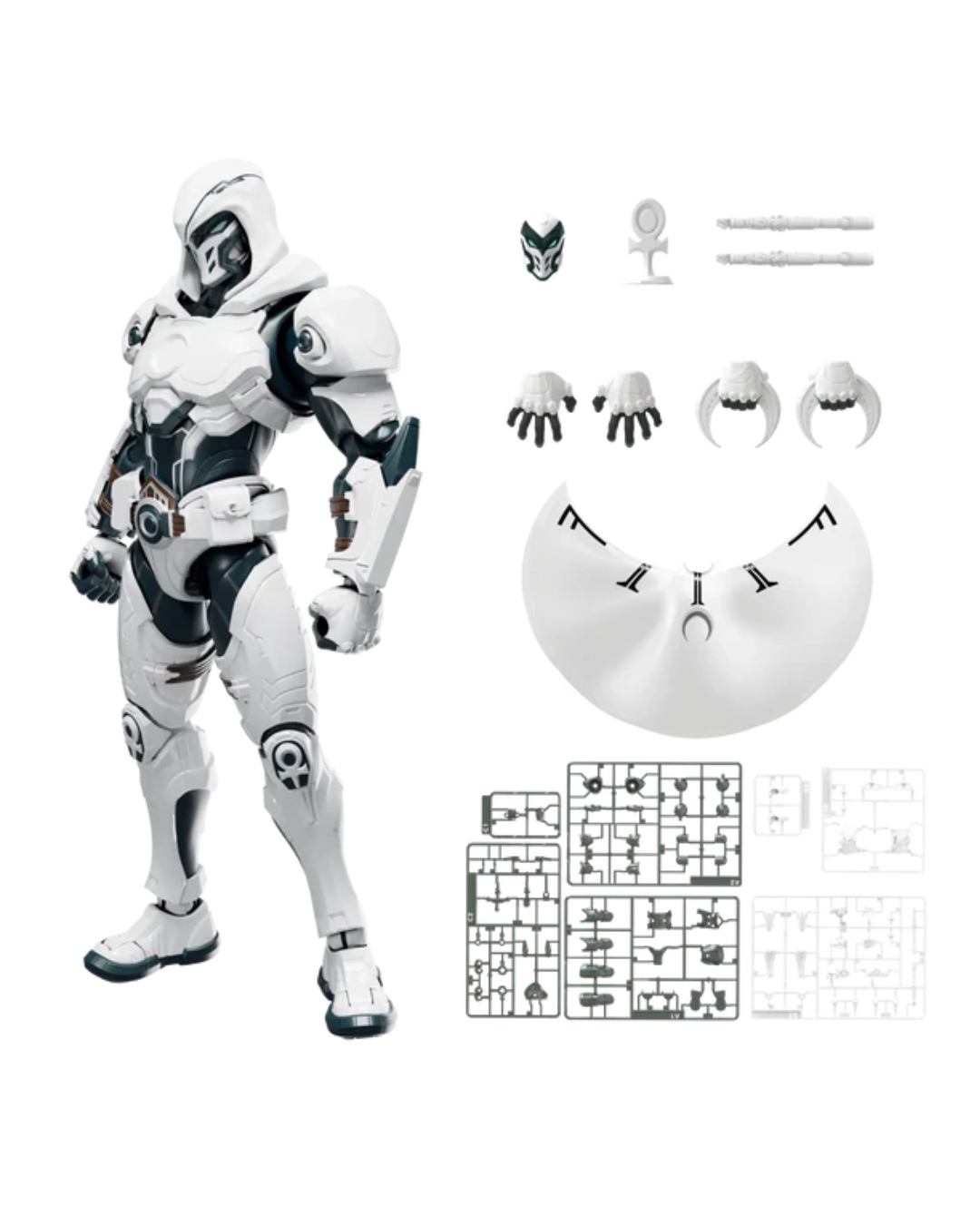 Moon Knight figure shown with multiple interchangeable parts and accessories on a plain white background.