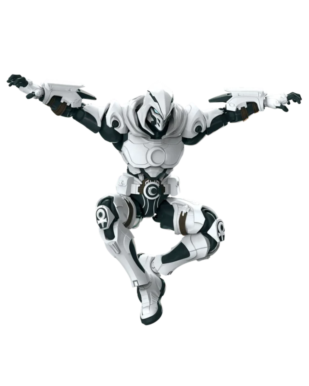 A white and black action figure of Moon Knight in a dynamic jumping pose, isolated on a white background.