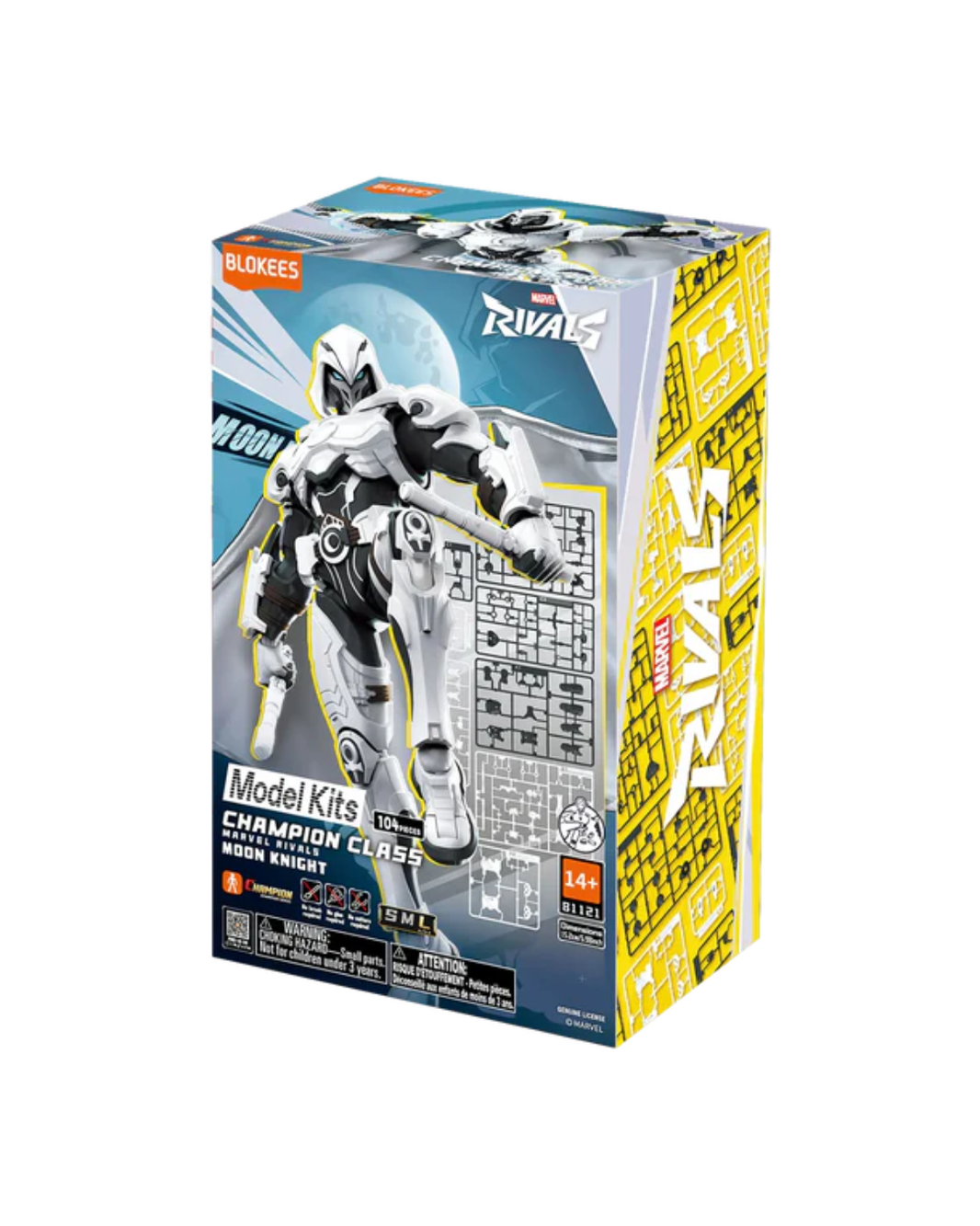 Box packaging for a Marvel Rivals Moon Knight model kit, featuring a silver and black Moon Knight figure on the front, a blue and white design, and a bright yellow side panel with the Rivals logo.