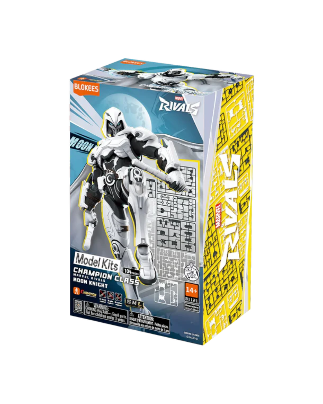 Box packaging for a Marvel Rivals Moon Knight model kit, featuring a silver and black Moon Knight figure on the front, a blue and white design, and a bright yellow side panel with the Rivals logo.