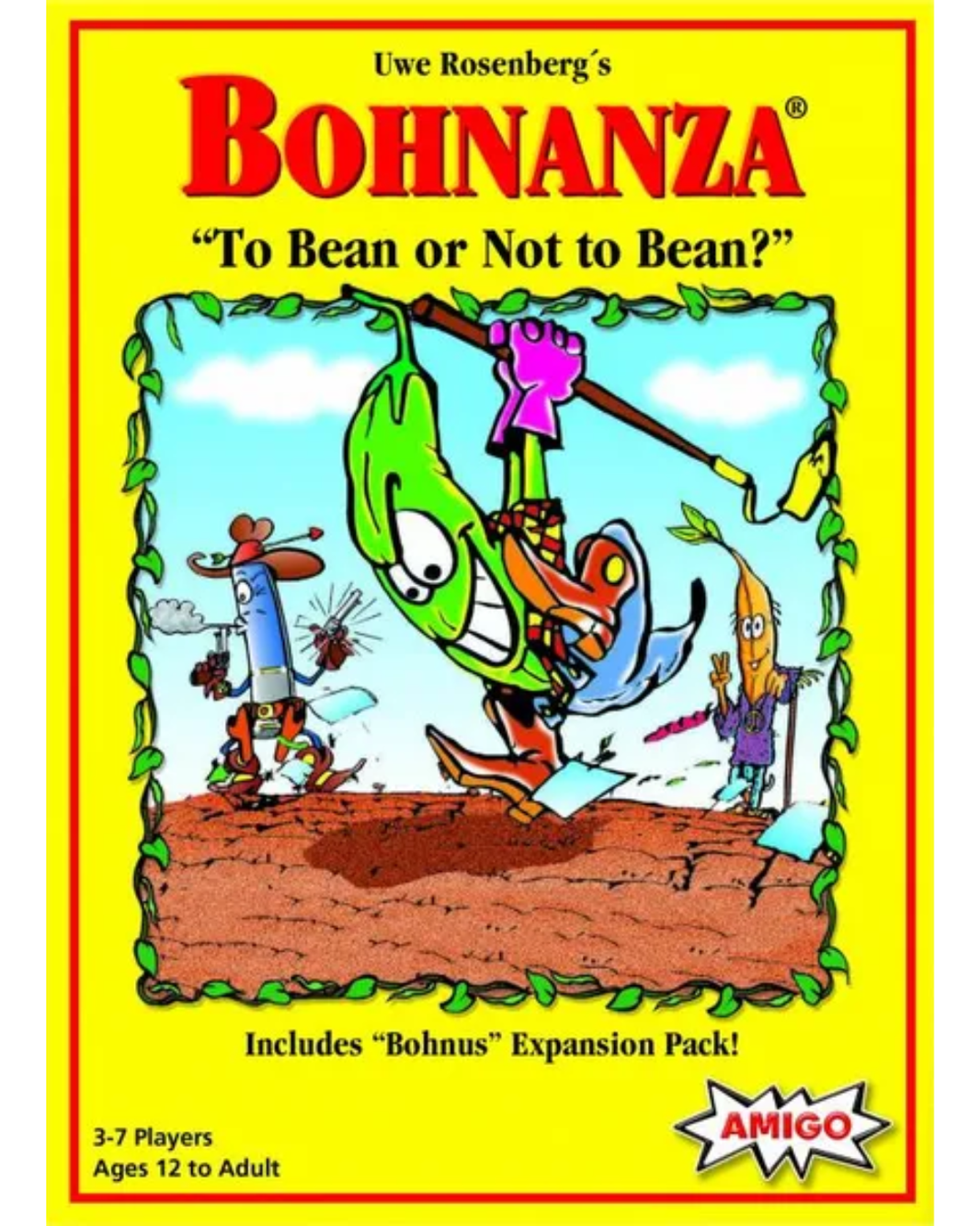 Bohnanza card game box cover by Uwe Rosenberg, featuring a bright yellow background with the title in large red letters and a cartoon illustration of a green bean character in a plow. The Amigo brand logo appears in the bottom right corner.