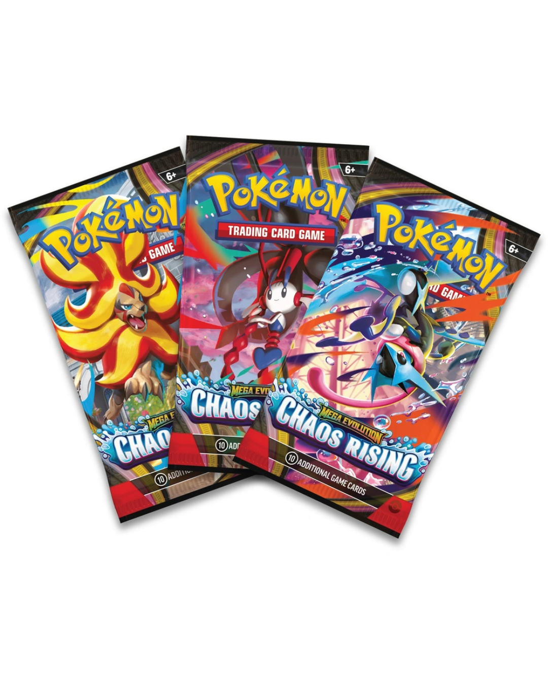 Three Pokémon trading card game packs on a white background