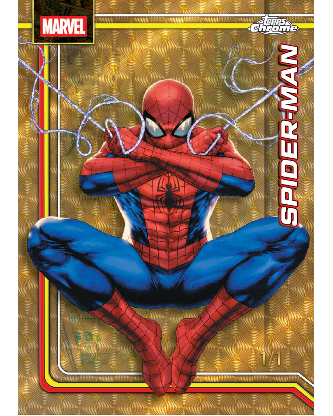A collectible Marvel Trading Card Game card featuring Spider-Man in a crouched pose against a gold patterned background. The card includes the Marvel logo in the top left, a 'Trading Card Game' logo in the top right, and 'SPIDER-MAN' printed vertically on the right side.