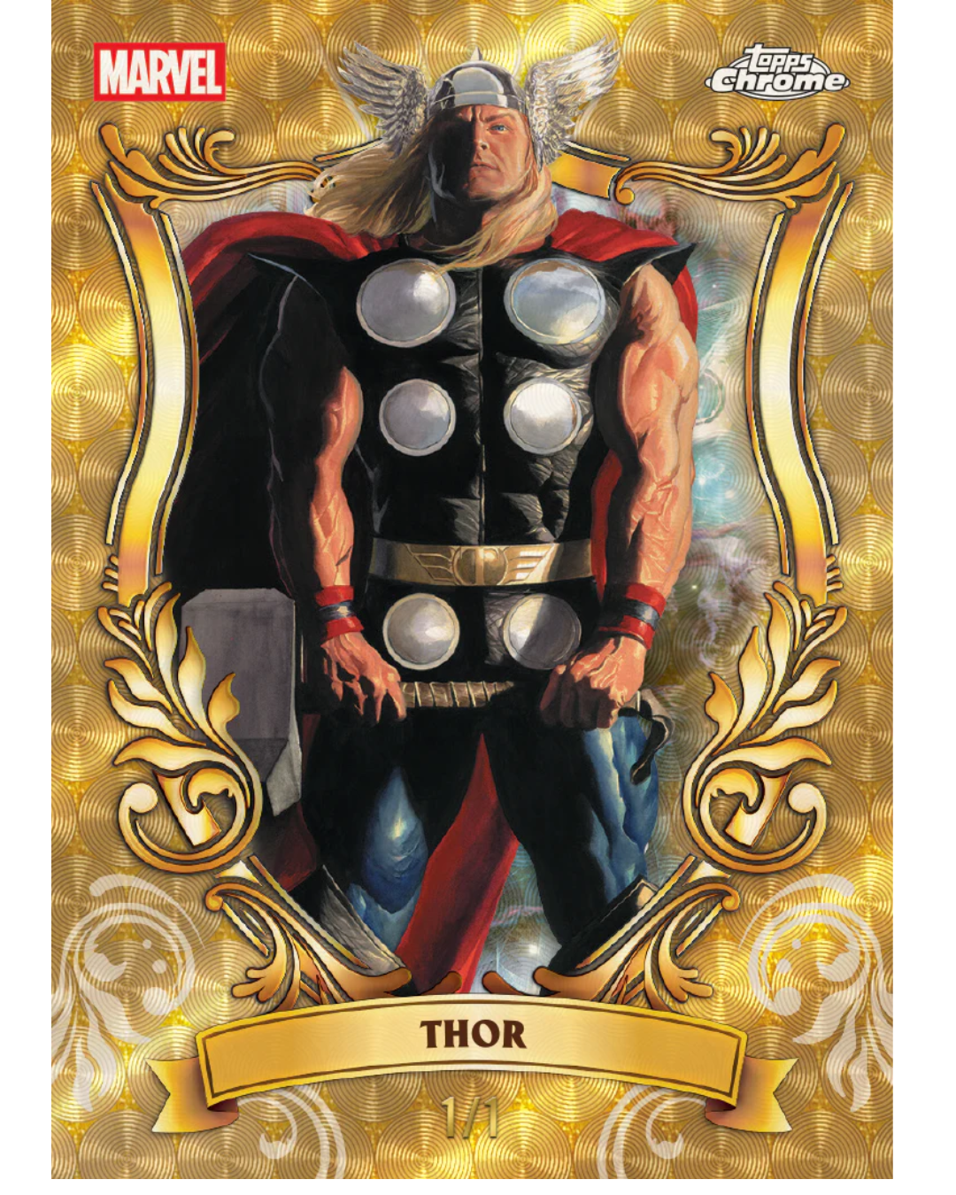 A Marvel Heroes Chrome trading card featuring Thor, with a gold ornate border, Thor's helmet and armor, and the Marvel logo in the top left.