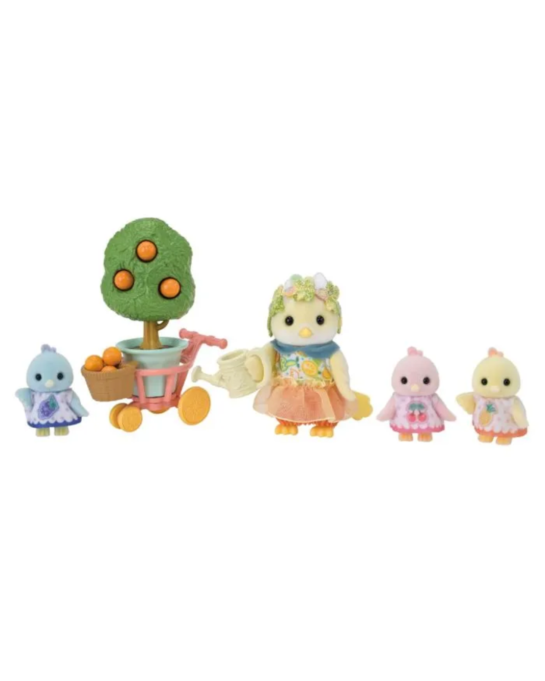 A Sylvanian Families  set on a plain white background, featuring a central mother figure in a peach dress watering a small tree with orange fruits, alongside baby figures including a blue bird, a pink bird, and a yellow bird.