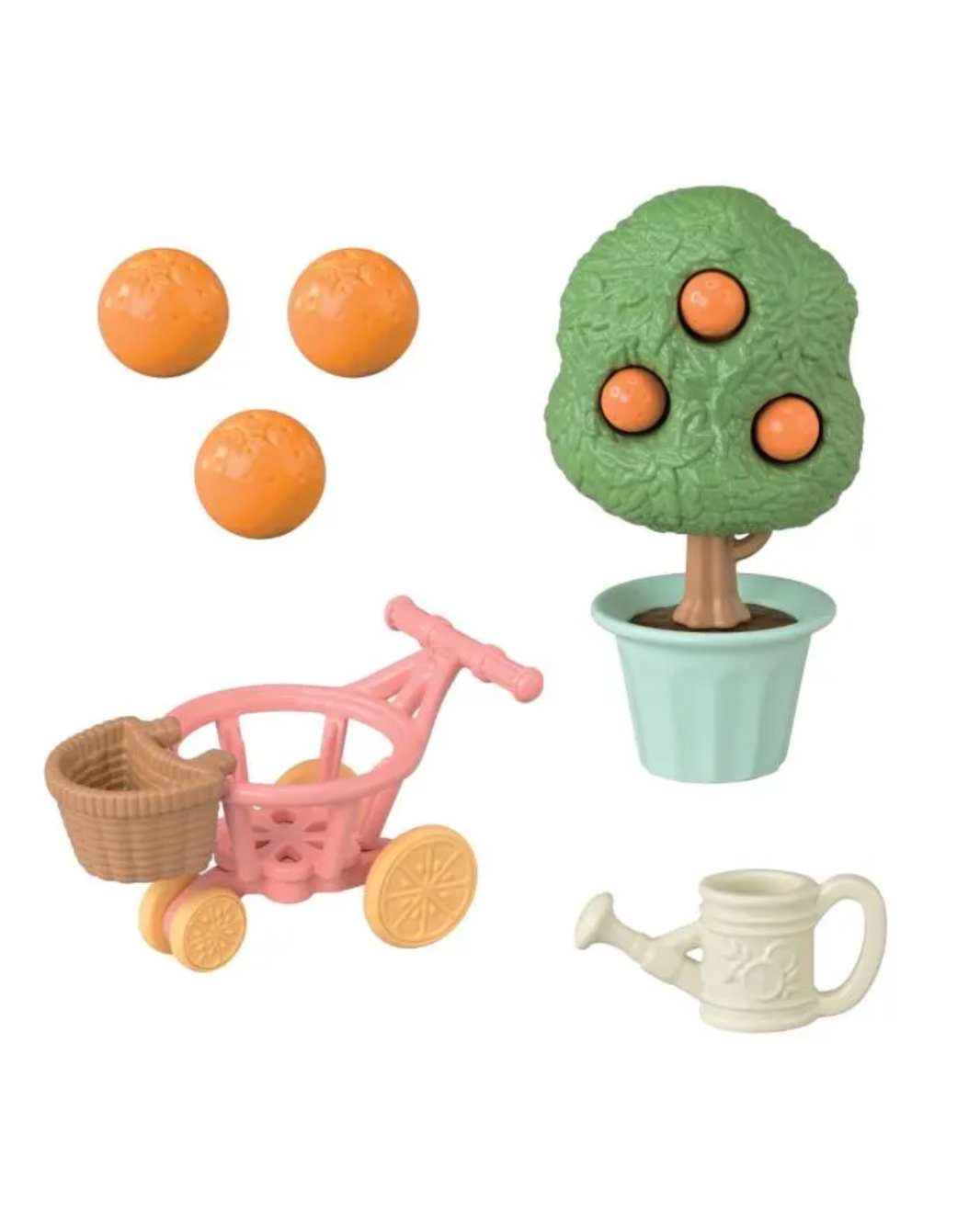 A Sylvanian toy gardening set featuring a green potted fruit tree with orange fruits, a pink cart with a basket, three orange balls, and a white watering can, all on a plain white background.