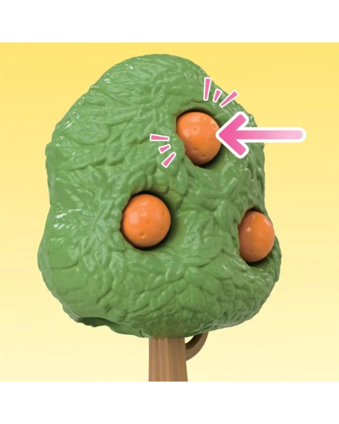 A green sylvanian tree with three oranges and a pink arrow pointing to one of the orange buttons, set against a yellow gradient background.