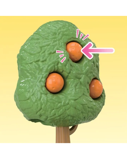 A green sylvanian tree with three oranges and a pink arrow pointing to one of the orange buttons, set against a yellow gradient background.