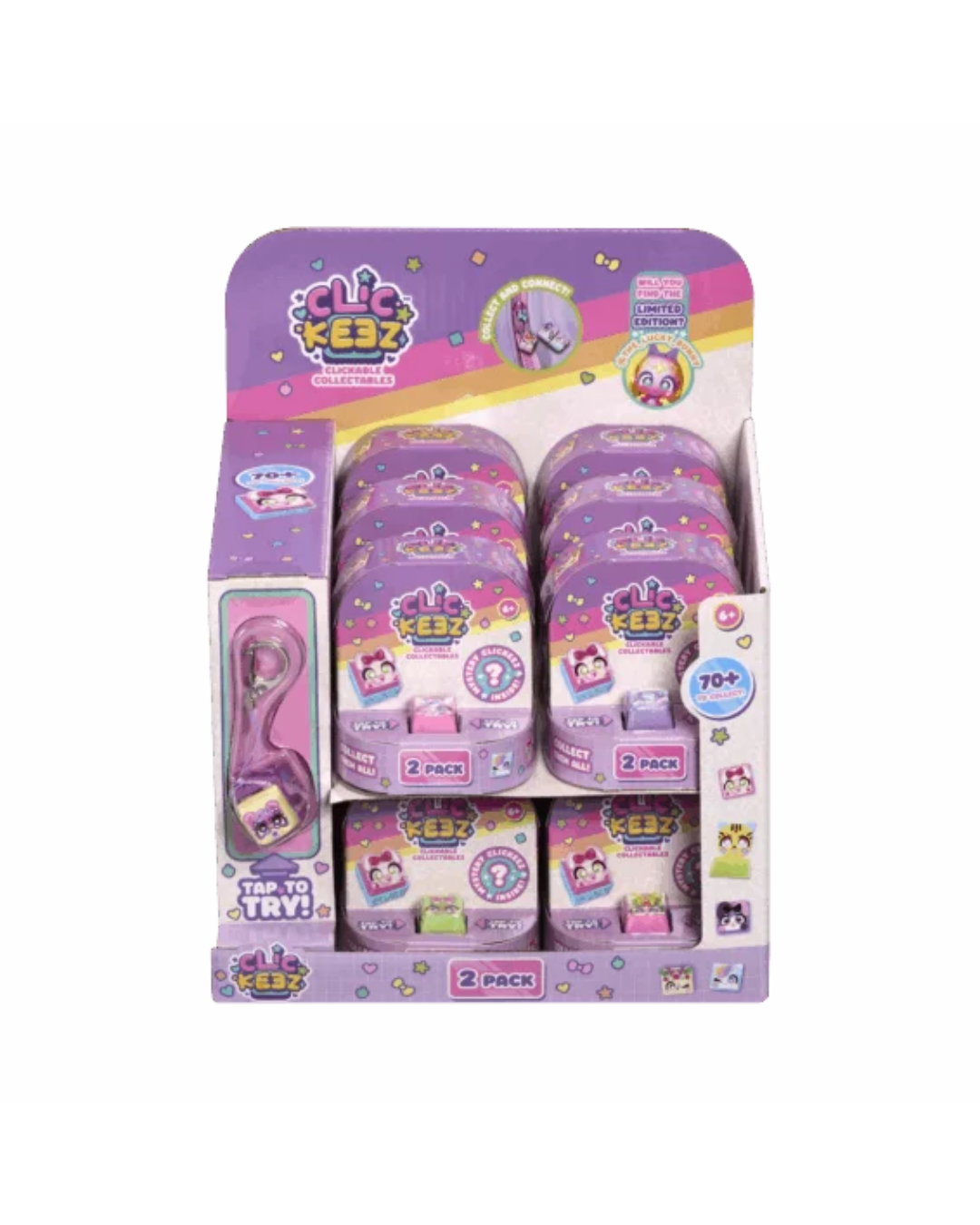 A retail display box containing multiple packages of Clickeez toys in purple packaging, set against a plain white background.