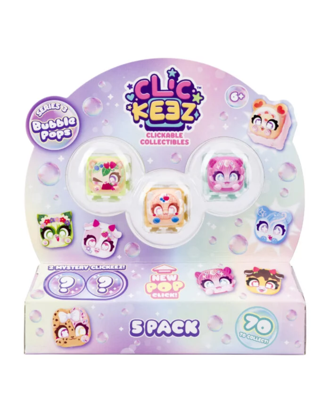 Clickeez Clickable Collectibles Family Bubble Pops 5-pack toy set in its original retail display packaging, featuring five colorful character bubbles.