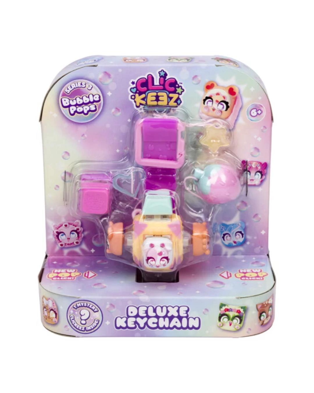 Clickeez Deluxe Keychain toy in its original blister packaging, featuring a pink and purple bubble keychain with a cute character  and accessories.